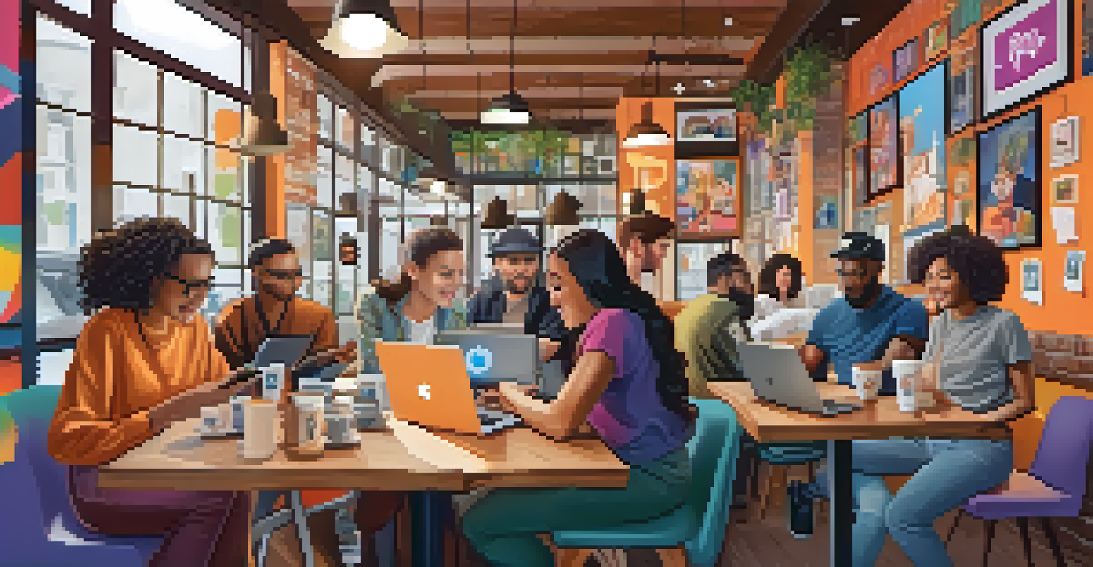 A group of diverse artists promoting their NFTs in a vibrant coffee shop.