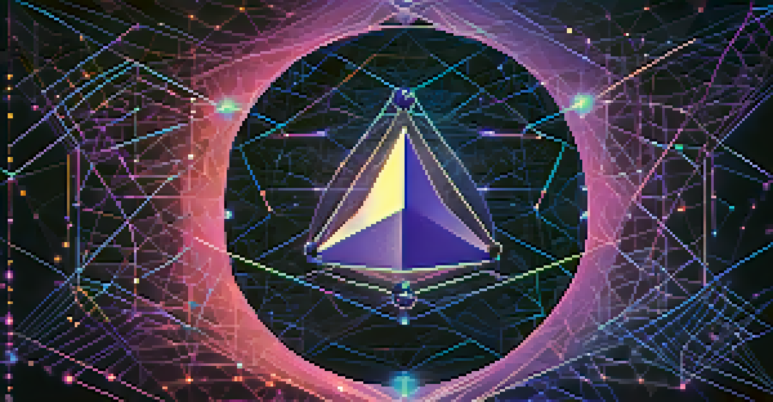 An abstract visual of Ethereum blockchain technology with glowing nodes and smart contracts in a blue and purple gradient.