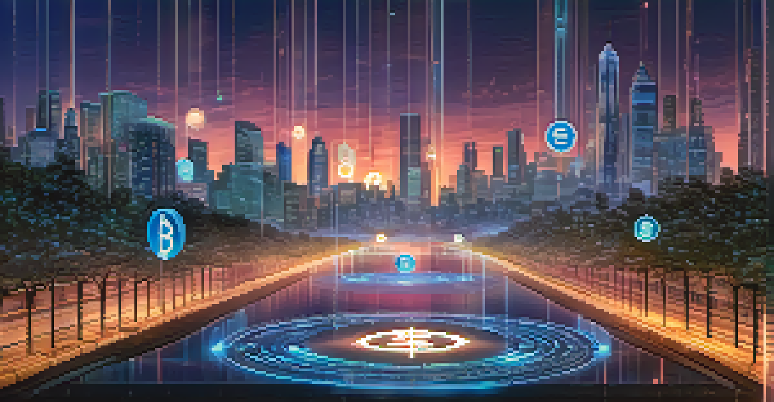 Glowing digital governance tokens above a blockchain network with a futuristic city skyline at dusk, representing innovation in finance.
