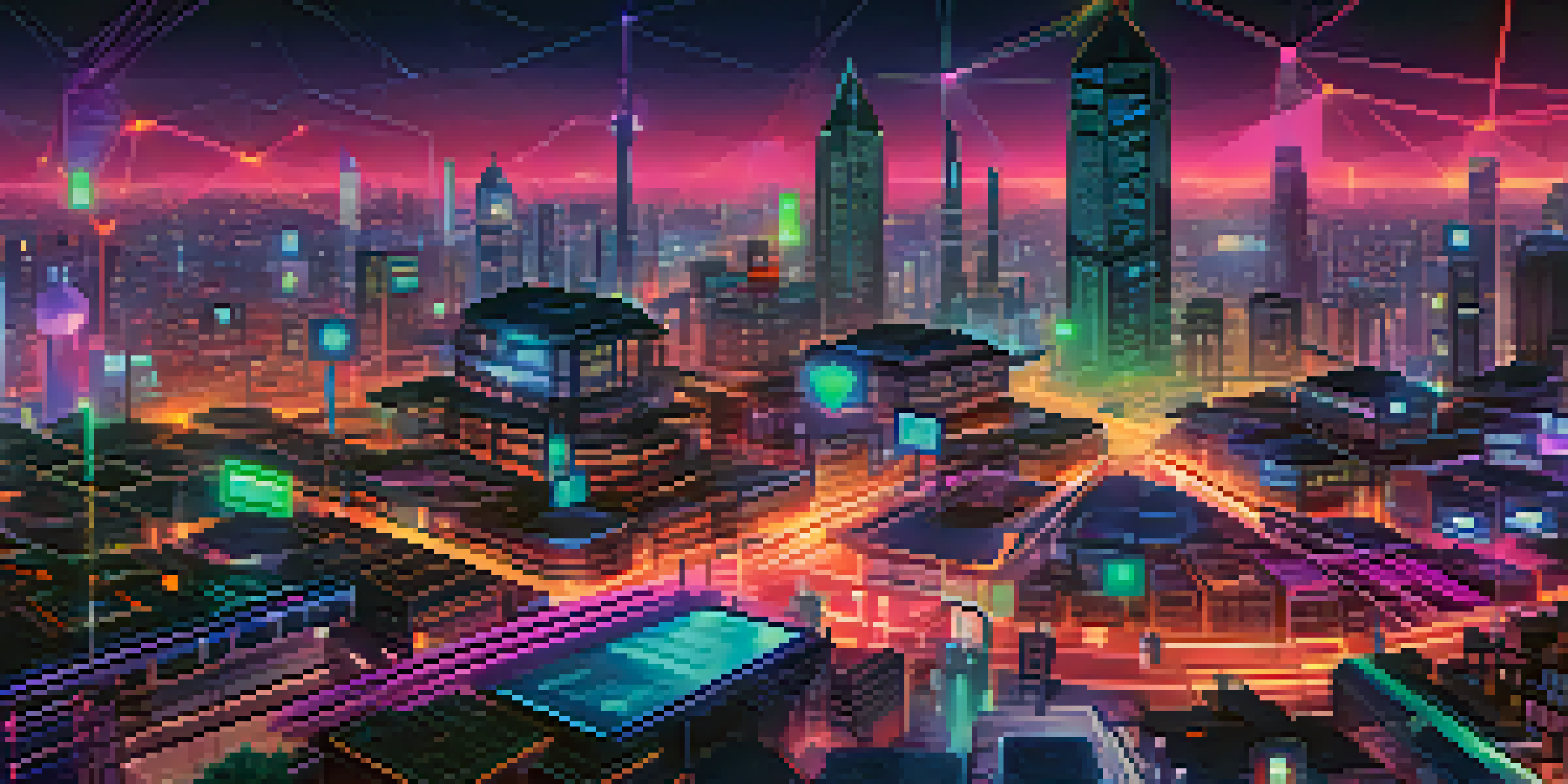 A vibrant illustration of an Ethereum network with interconnected nodes, a futuristic city skyline, and symbols of security.