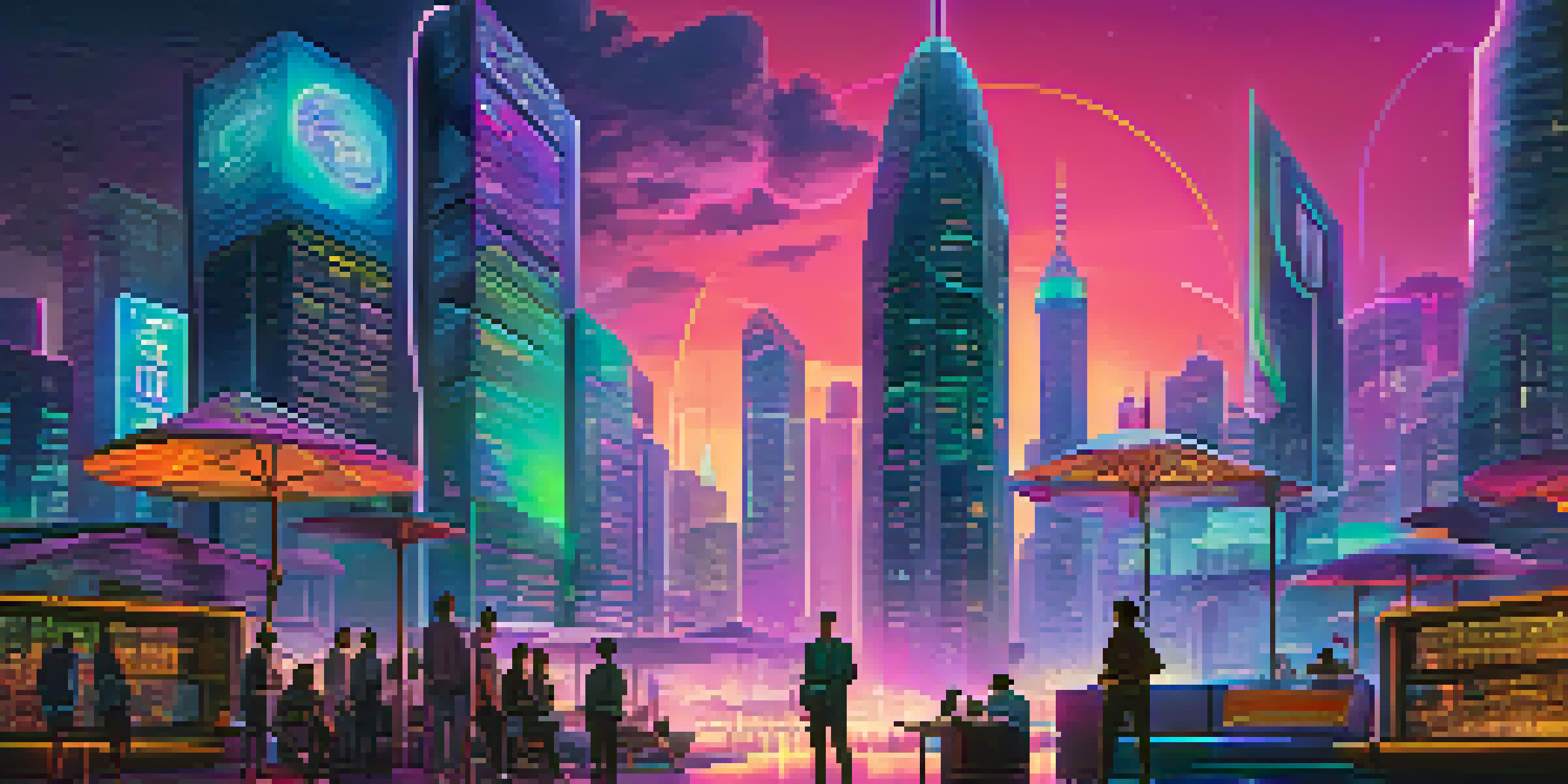 A futuristic city skyline at dusk with neon lights and people using mobile devices for decentralized finance.