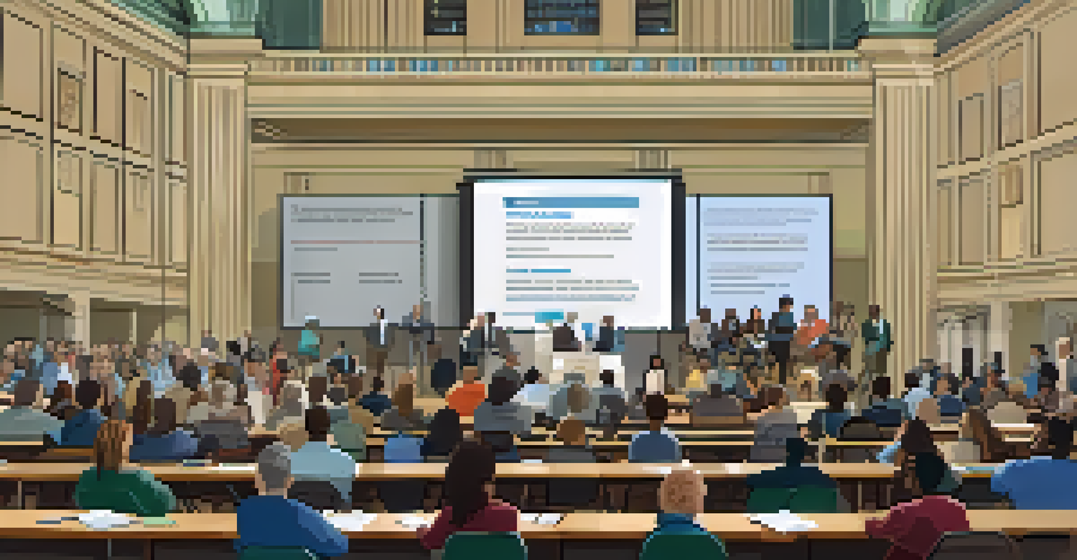 A lively town hall meeting with citizens discussing budget allocations, featuring a display board with budget data.