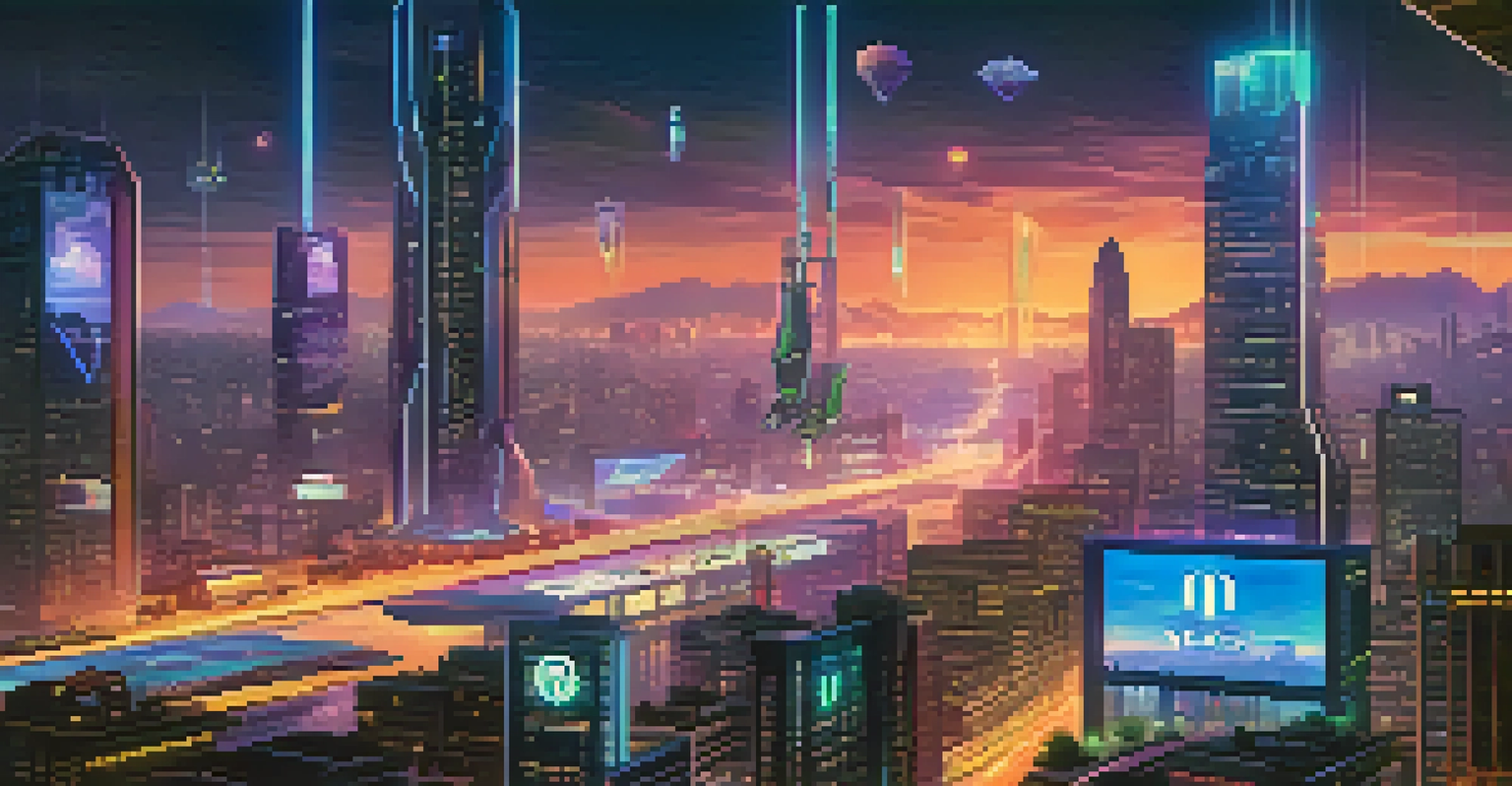 A futuristic city skyline with illuminated glass buildings and flying vehicles, representing the future of yield farming and decentralized finance.
