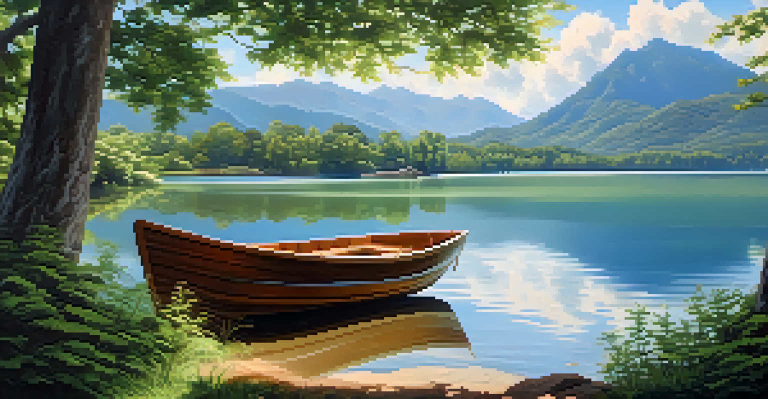 A peaceful lake scene with mountains in the background, surrounded by greenery and a small boat on the water.
