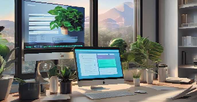 A digital workspace with a computer screen showing the Ganache interface for Ethereum development, surrounded by a modern office environment.
