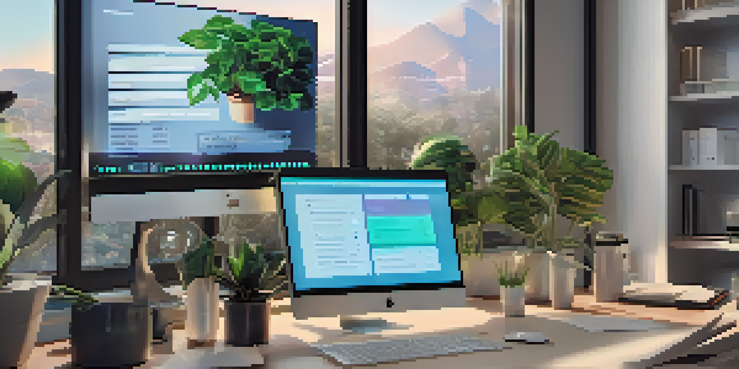 A digital workspace with a computer screen showing the Ganache interface for Ethereum development, surrounded by a modern office environment.