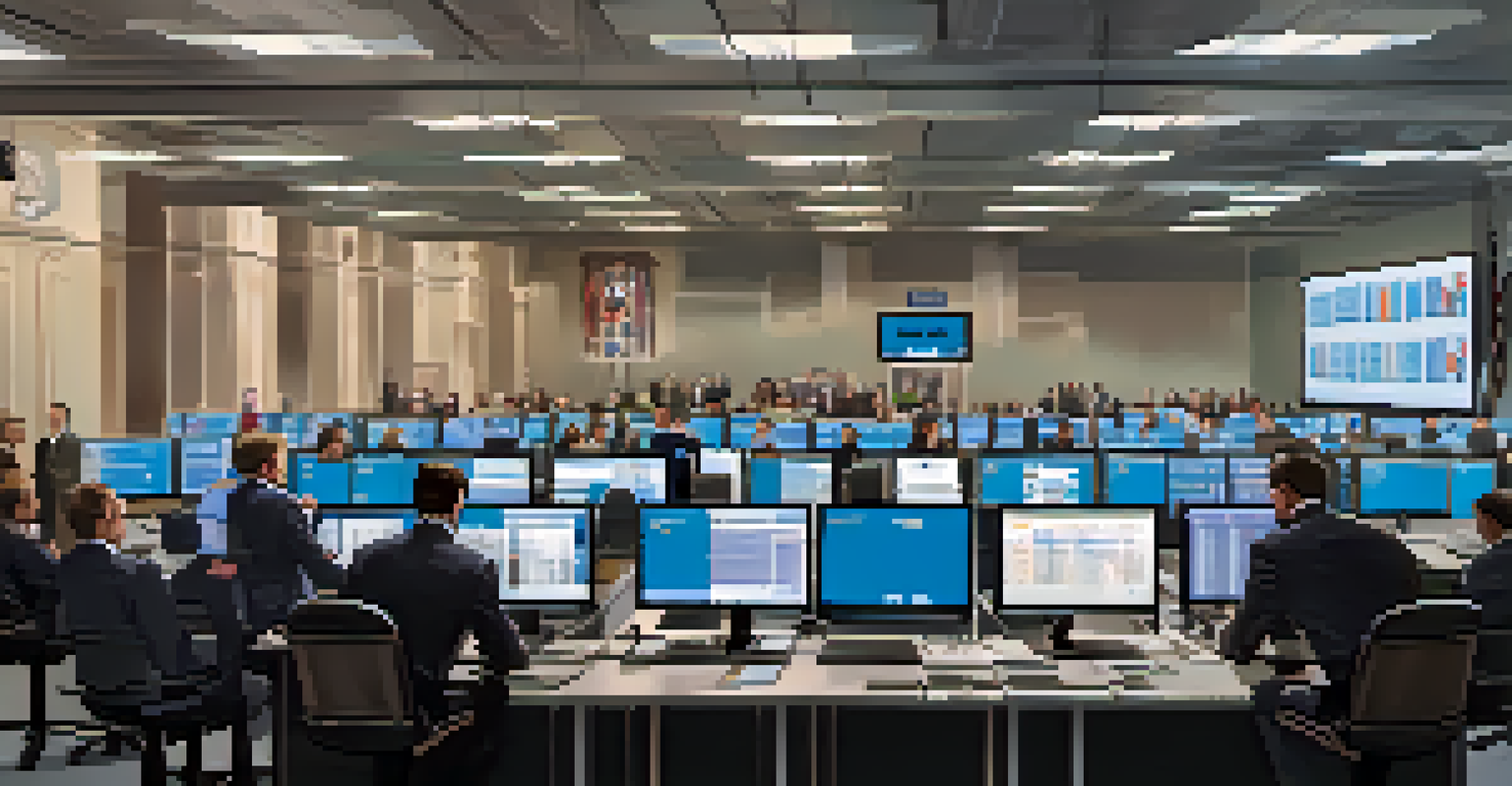 Election officials in a high-tech room monitoring real-time voting statistics on large screens and discussing data.