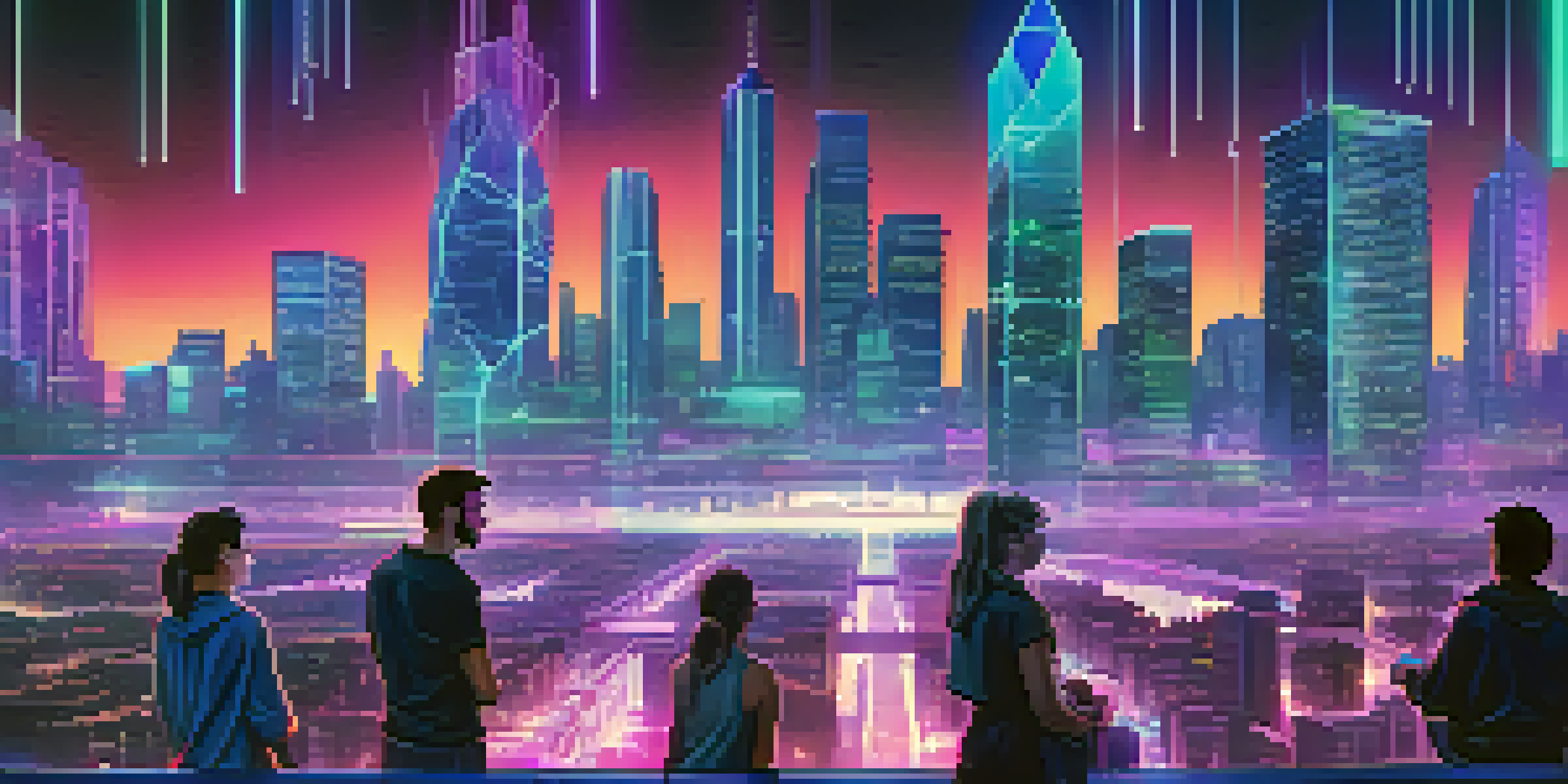 A futuristic city with interconnected blockchain networks and glowing lines, featuring people using holographic displays of cryptocurrencies.