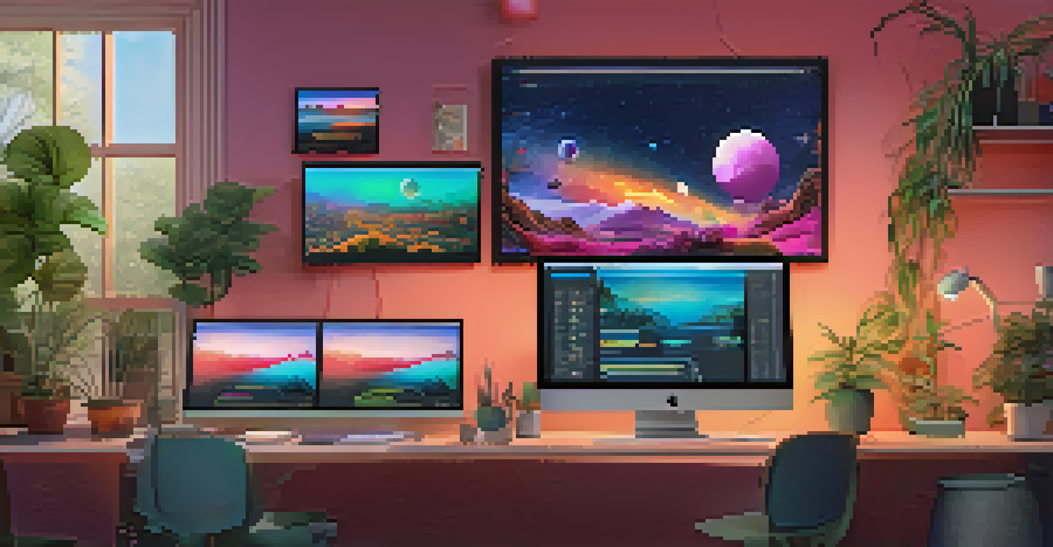 A digital workspace filled with monitors showing trending NFTs, surrounded by colorful art and plants, illuminated by monitor light.