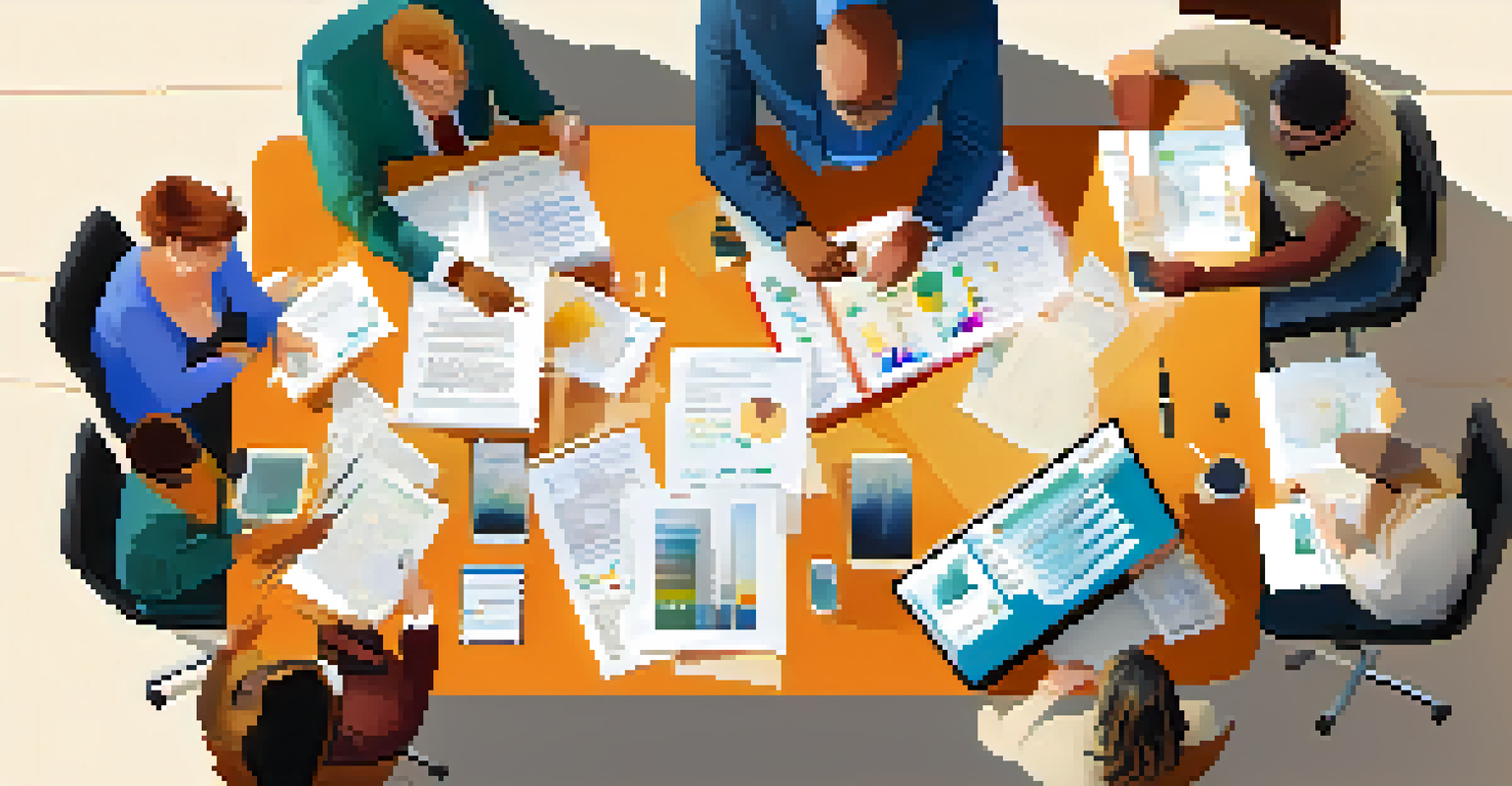 A diverse group of people collaborating around a table filled with paperwork and digital devices, engaged in discussion under sunlight.