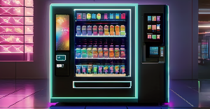 A modern vending machine with glowing screens, displaying colorful snacks and smart contract details in a dimly lit environment.