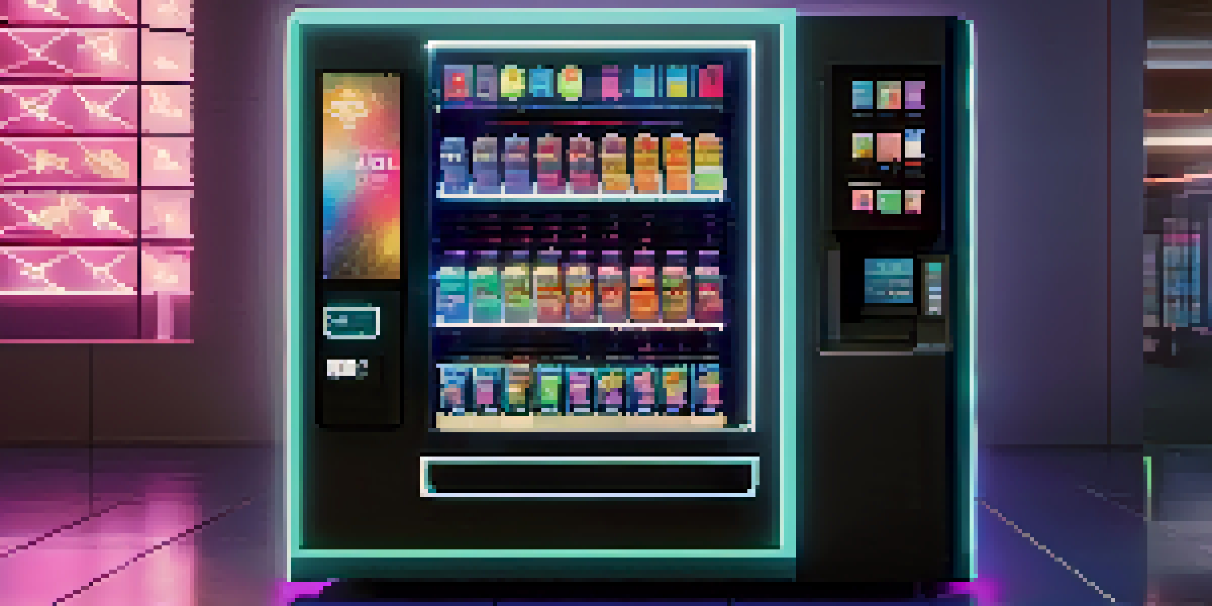 A modern vending machine with glowing screens, displaying colorful snacks and smart contract details in a dimly lit environment.