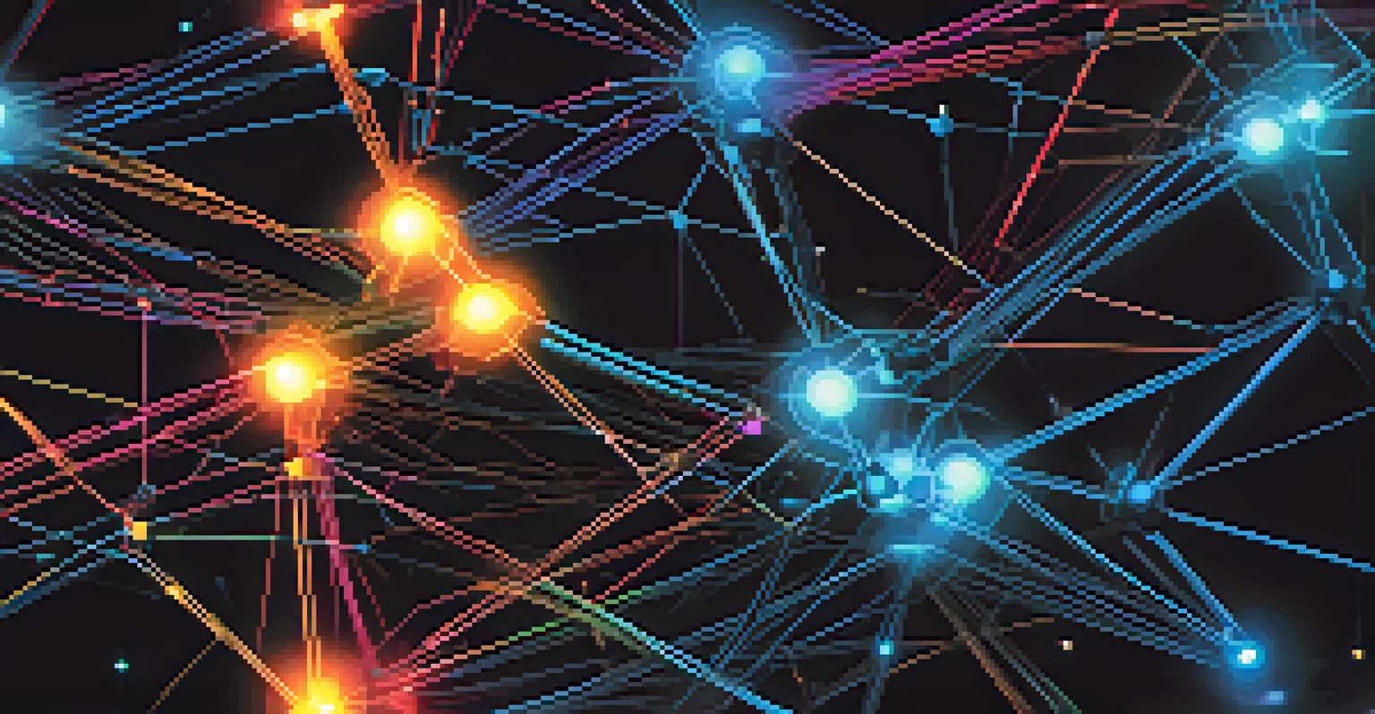 An abstract illustration of blockchain technology with glowing interconnected nodes and chains against a dark background.