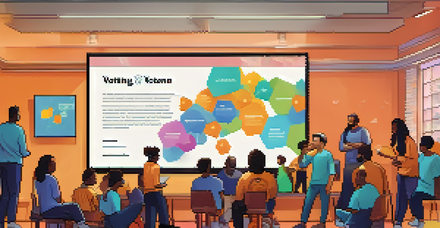 A diverse group of people discussing blockchain voting in a community center, with a digital screen showing an infographic about Ethereum voting benefits.