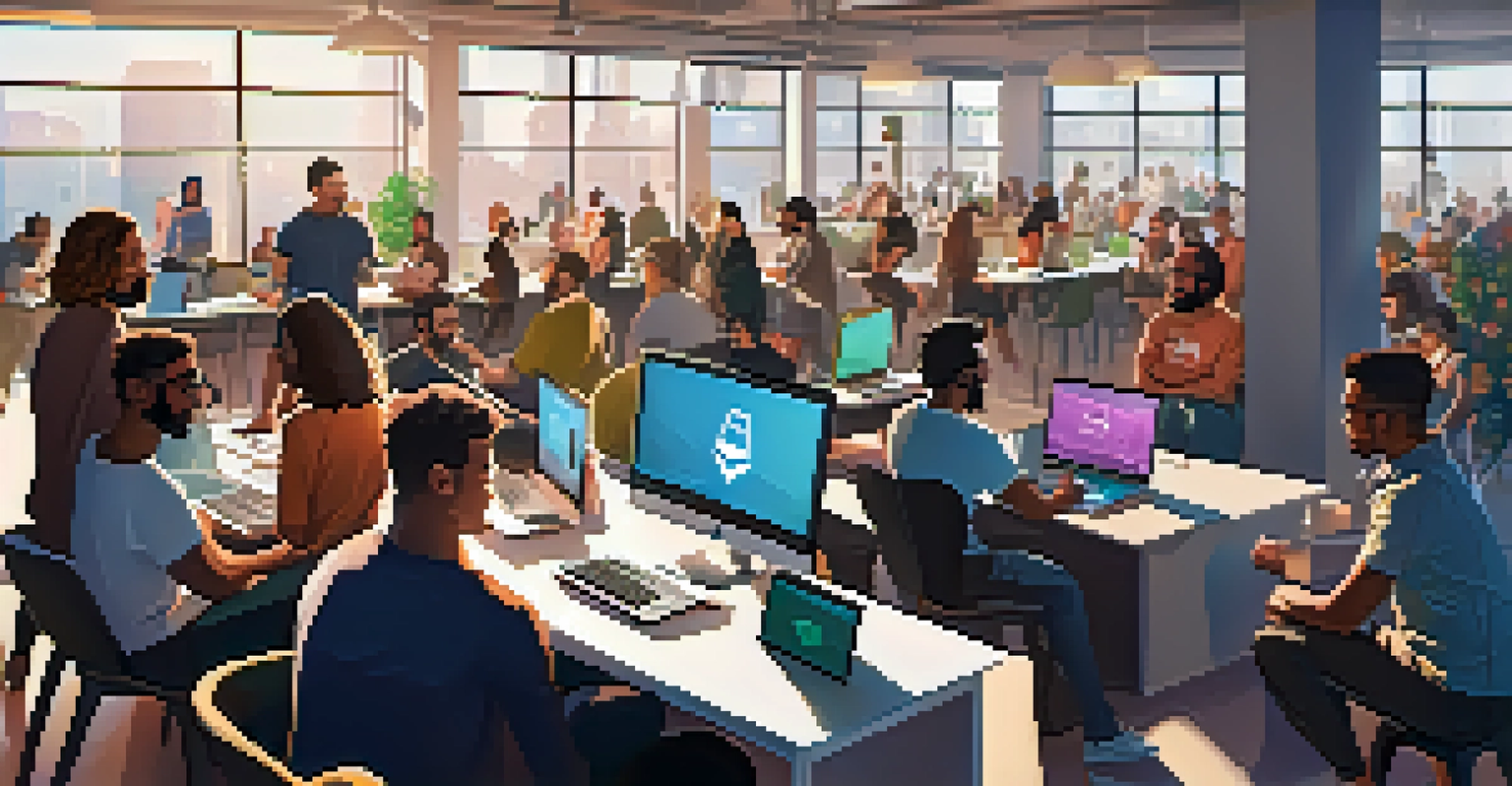 A diverse group of people collaborating in a co-working space on Ethereum projects with laptops and digital screens.