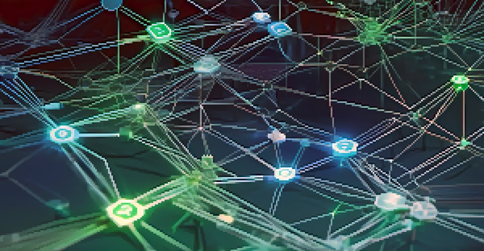 Close-up view of a blockchain network with glowing nodes and digital ledgers against a blue and green gradient background.