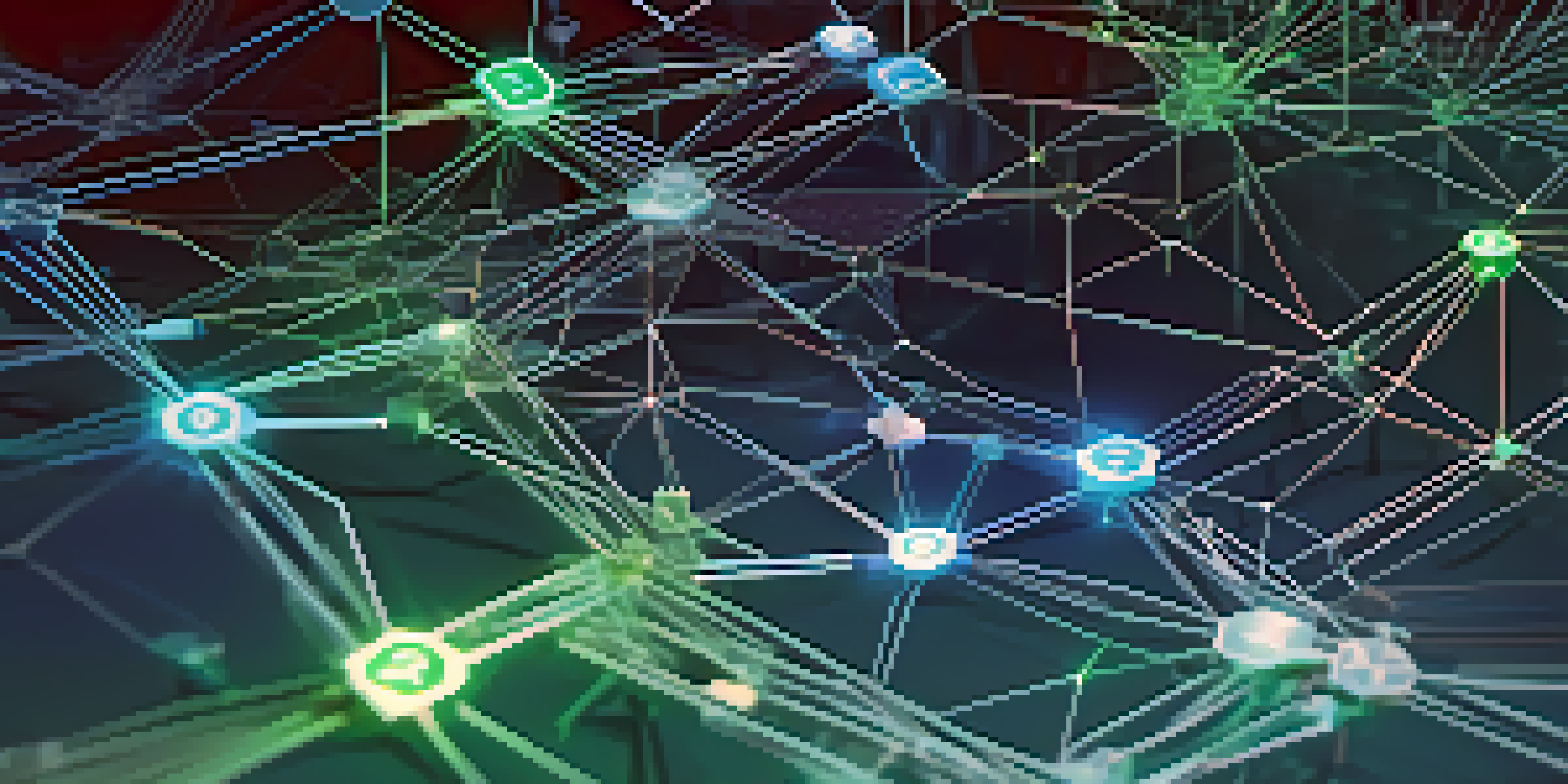 Close-up view of a blockchain network with glowing nodes and digital ledgers against a blue and green gradient background.