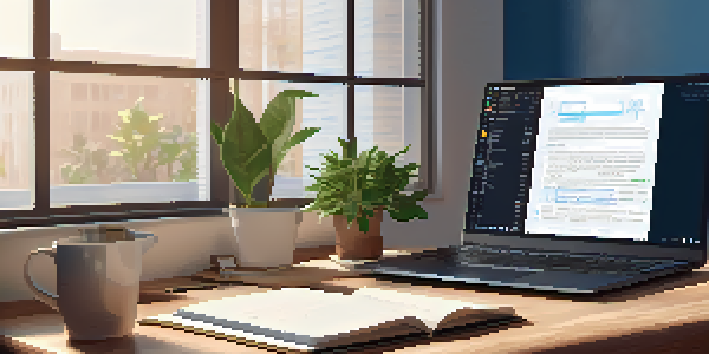 A modern digital workspace with a laptop displaying code, a notepad with sketches, and a potted plant, illuminated by natural sunlight.
