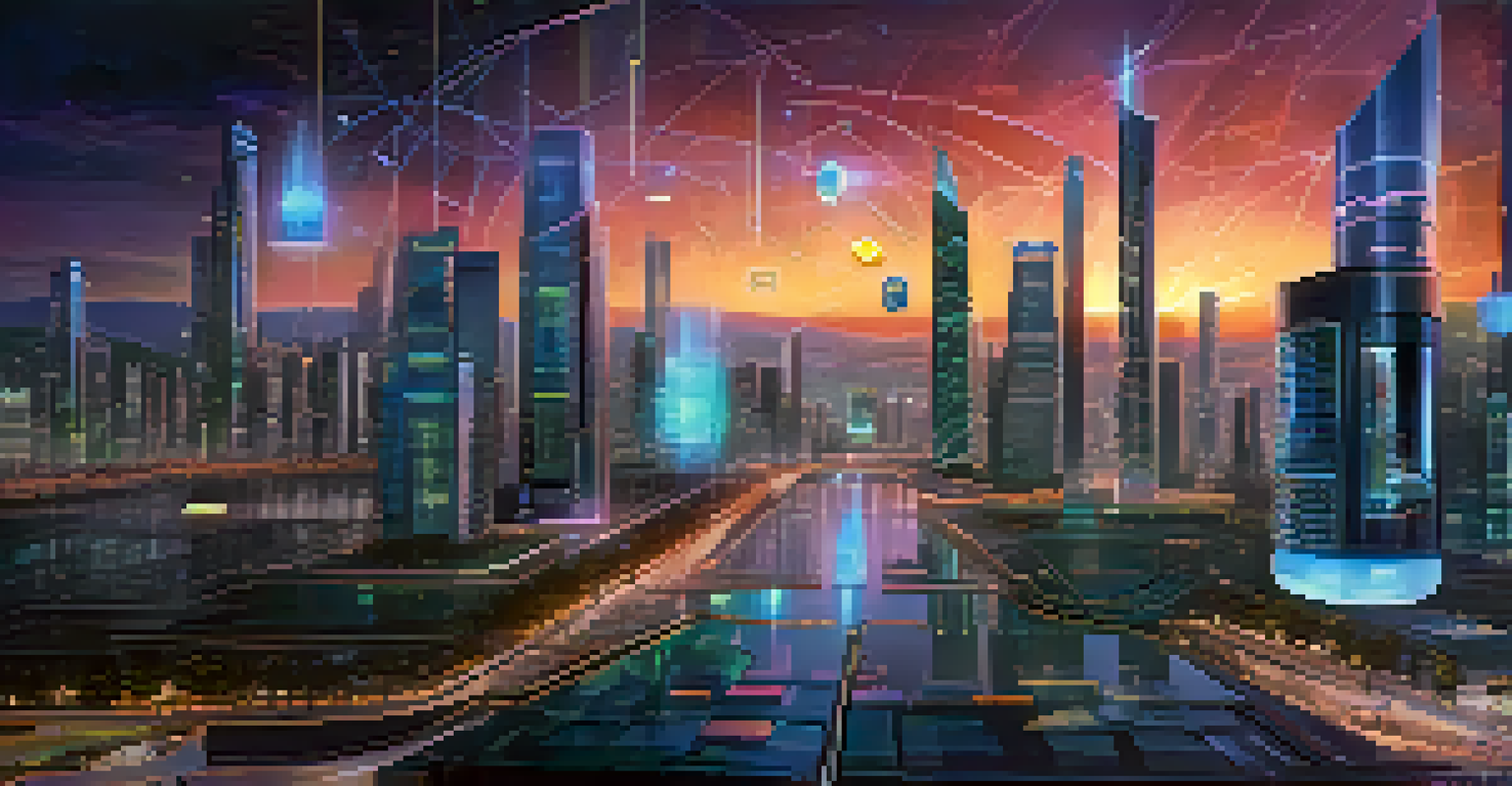 A futuristic cityscape at night with illuminated buildings and digital screens showing financial data and holograms of decentralized oracle technology.