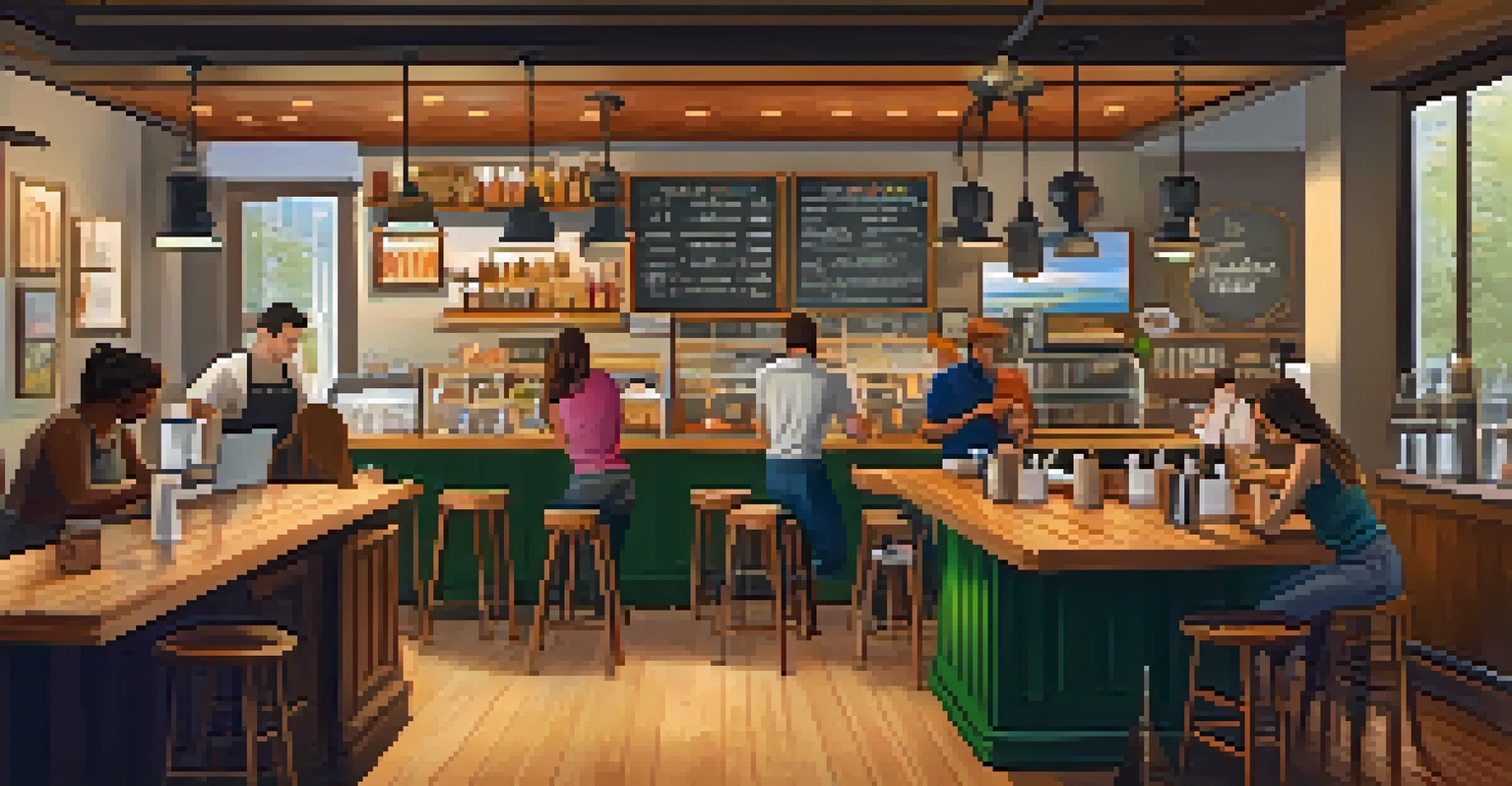 A lively café with customers, warm lighting, and a barista preparing coffee.