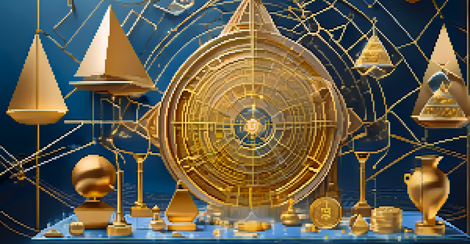 An abstract balanced scale made of digital elements over a background of blockchain nodes, representing legal risks in DeFi.