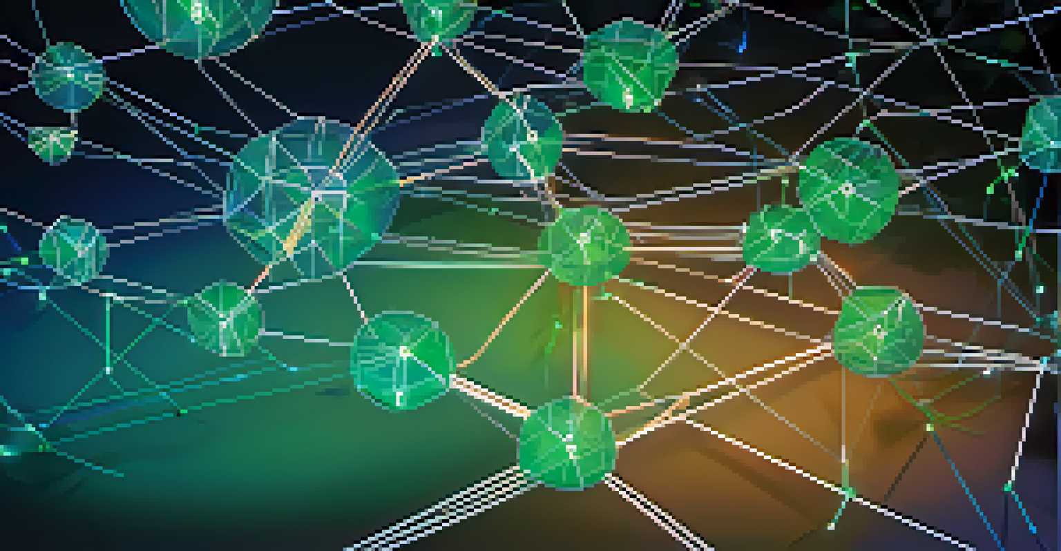 An abstract image of a blockchain network with glowing connections and diagrams, illustrating concepts of security and transparency in governance.