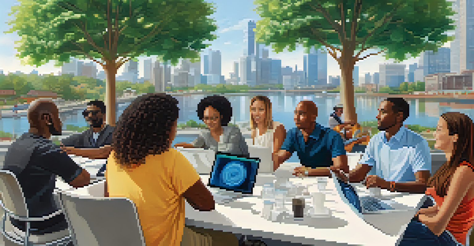 A diverse group of individuals in an outdoor community meeting, discussing technology with laptops and charts on a table, surrounded by trees and a city skyline.
