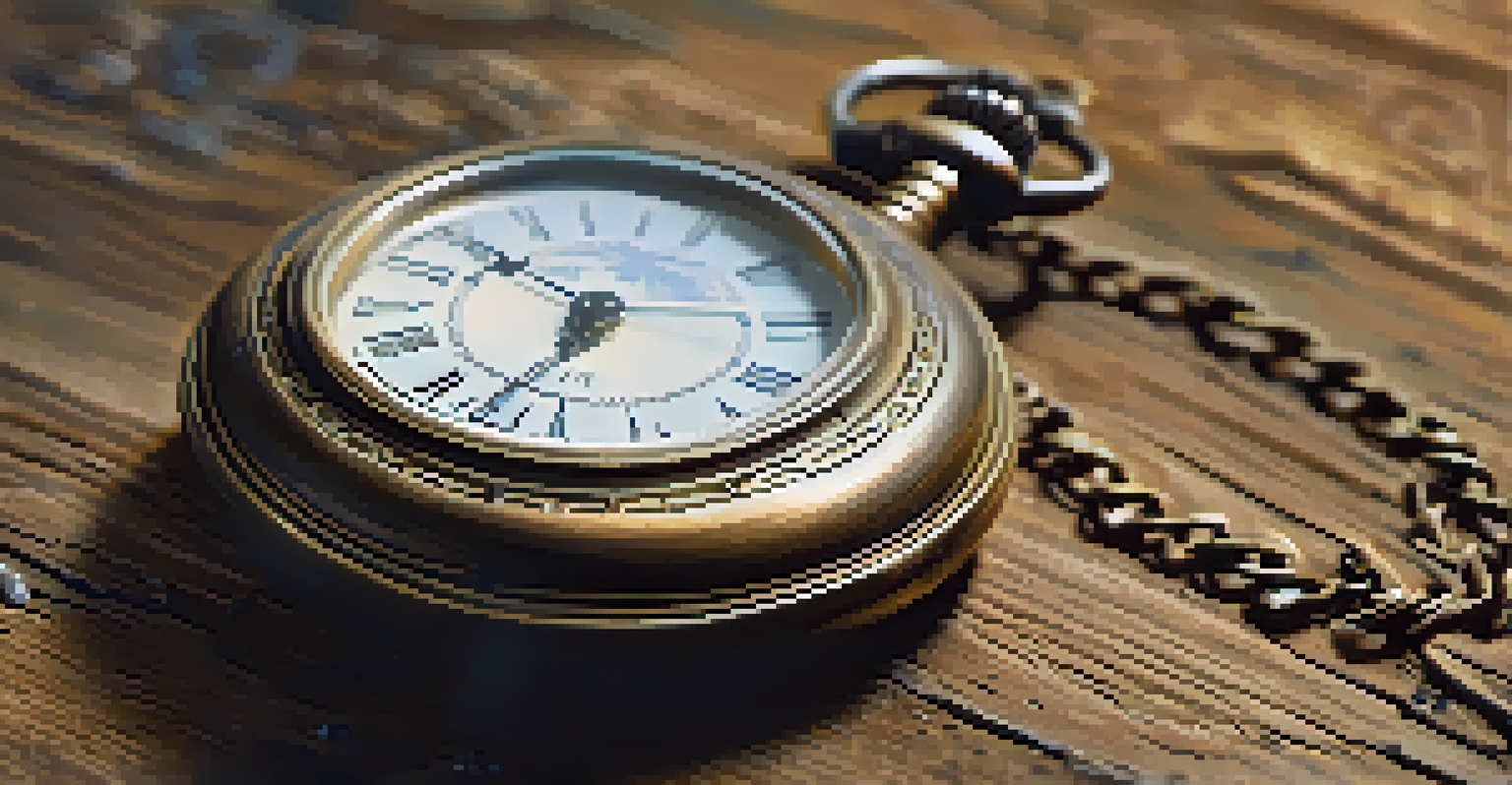 A vintage pocket watch on a rustic wooden table, with detailed engravings and reflections from natural light.