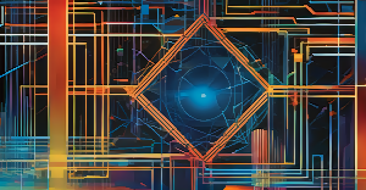 An abstract web of colorful blockchains interconnected by bright lines, against a gradient blue background representing decentralized finance.