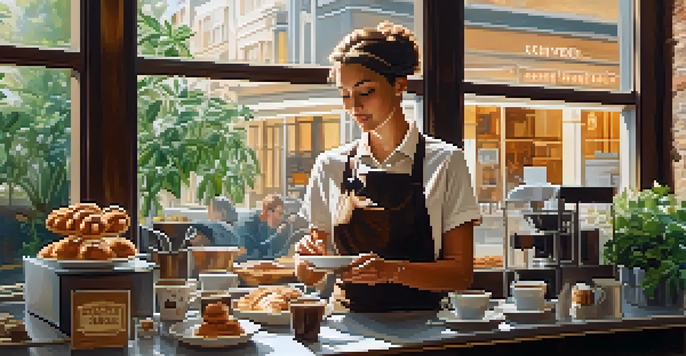 A barista in a cozy café pouring coffee into a cup, with a display of coffee beans and pastries, illuminated by natural light.