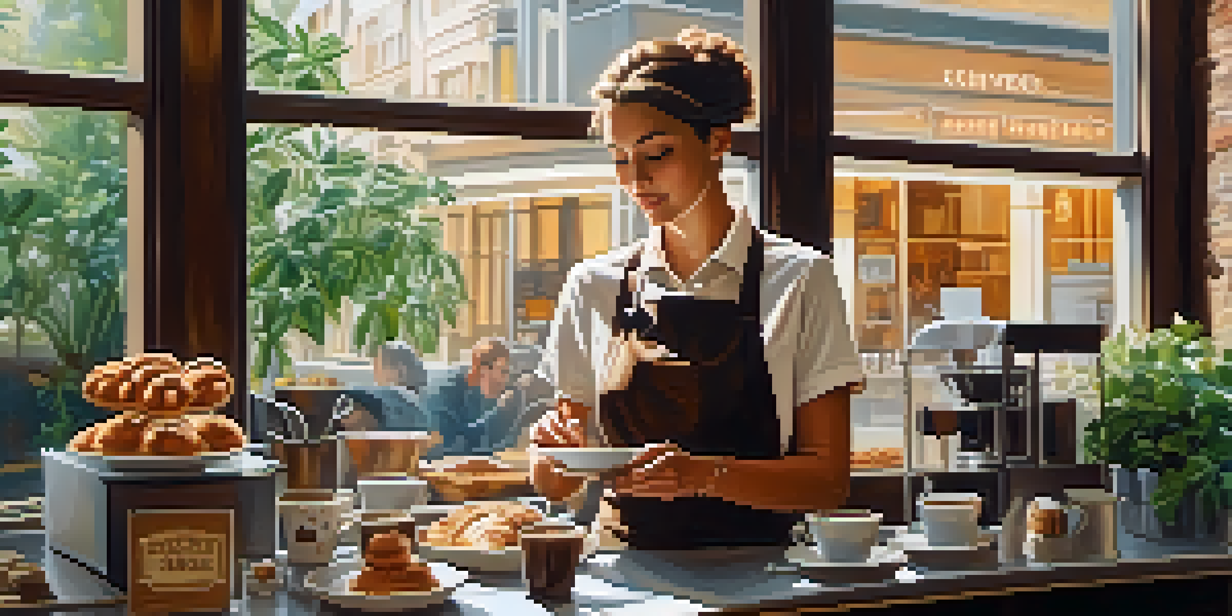 A barista in a cozy café pouring coffee into a cup, with a display of coffee beans and pastries, illuminated by natural light.