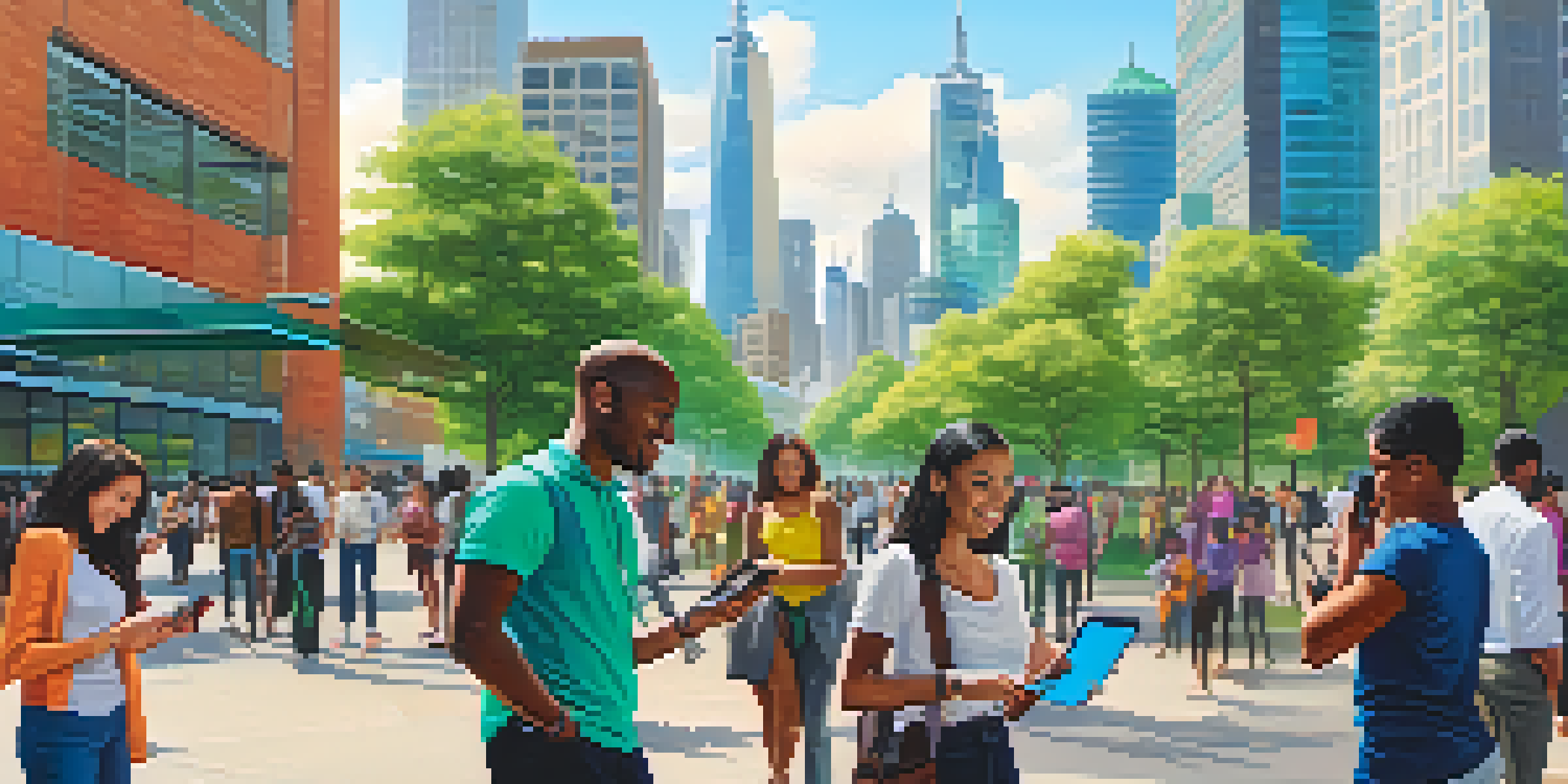 A vibrant urban scene showing diverse people using smartphones for financial services, with a modern skyline in the background.