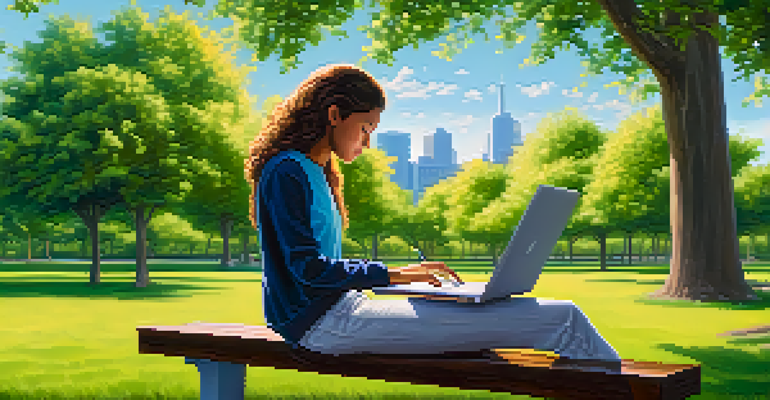A young cybersecurity researcher working on a laptop while sitting on a park bench in a beautiful natural setting.