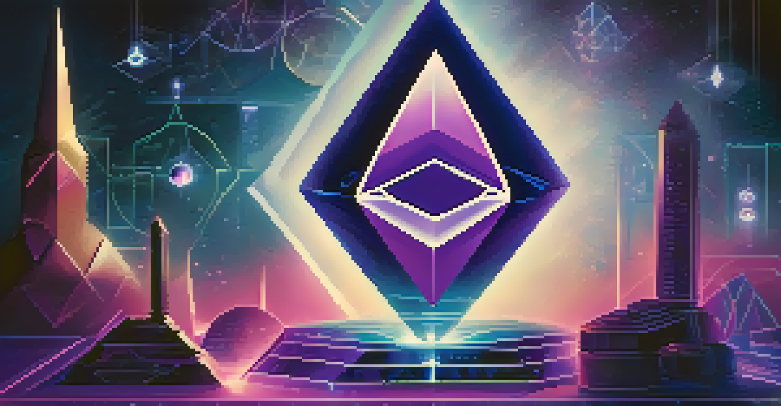 An abstract representation of Ethereum featuring its logo, smart contracts, and tokens against a deep blue and purple background.