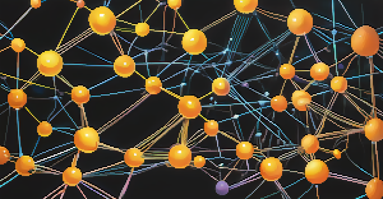 Close-up of a glowing blockchain network with interconnected nodes on a dark background.