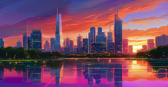 A futuristic city skyline at sunset with modern skyscrapers and lush greenery in the foreground.
