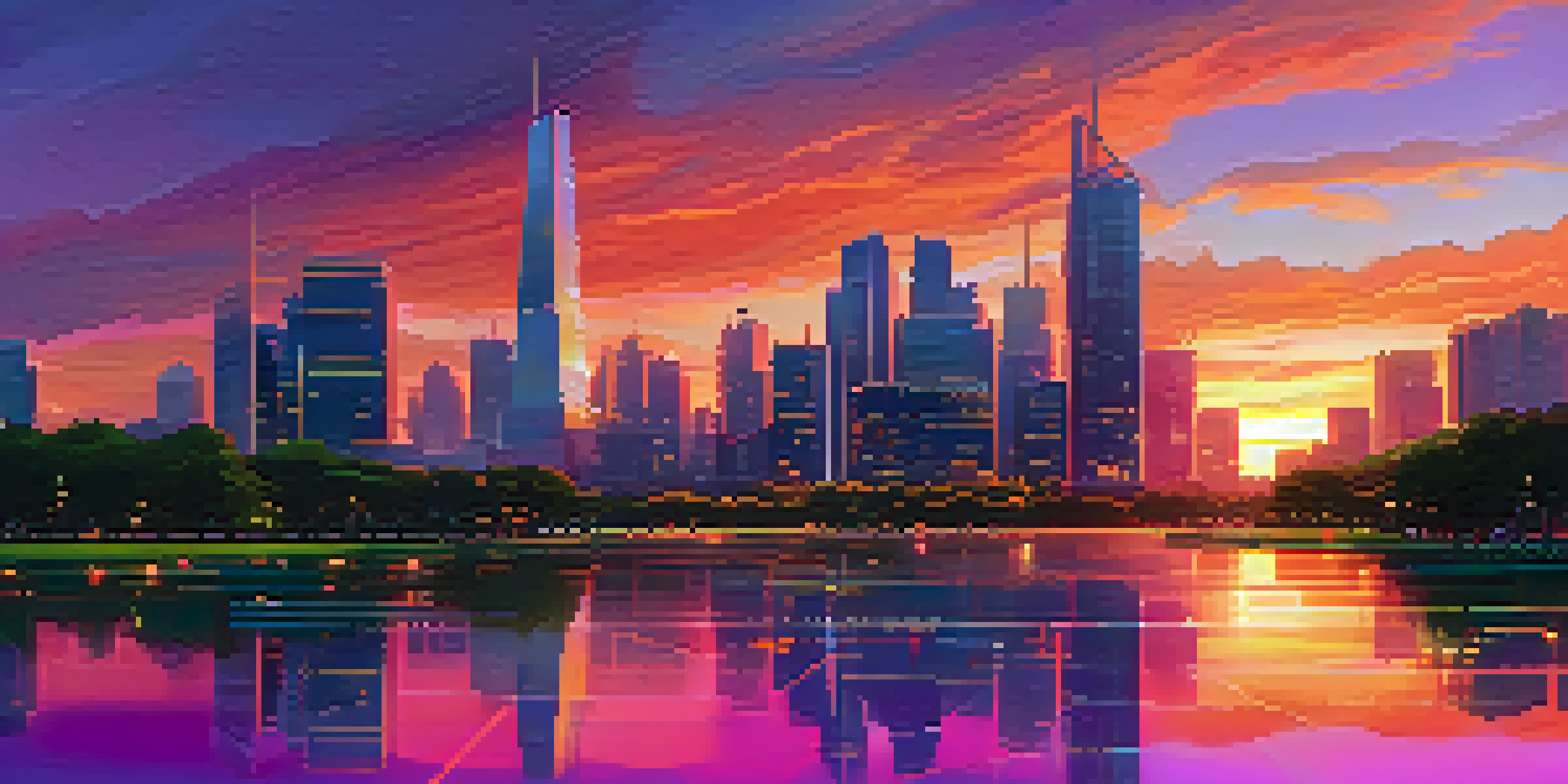 A futuristic city skyline at sunset with modern skyscrapers and lush greenery in the foreground.