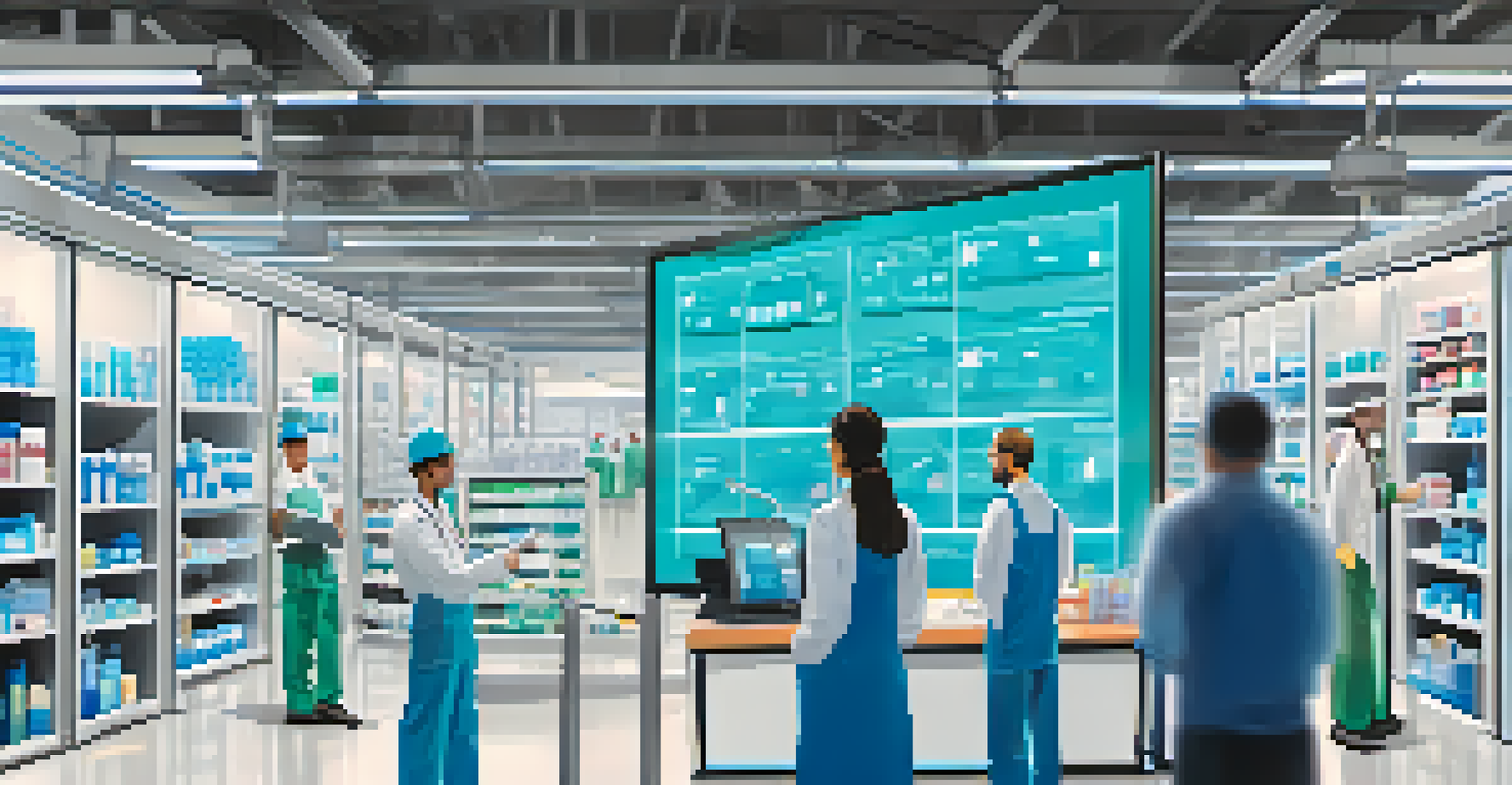 A digital screen displaying a blockchain ledger for the pharmaceutical supply chain with various stakeholders represented.