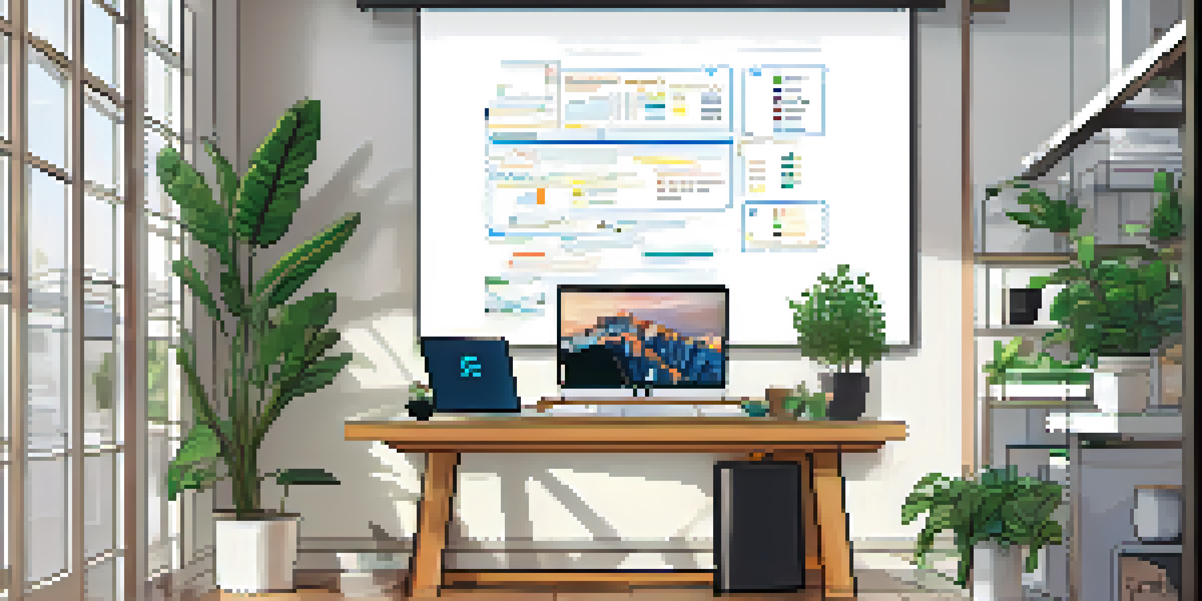 A modern workspace with a laptop showing code for Ethereum smart contract development, a potted plant, a coffee cup, and a whiteboard with blockchain diagrams.