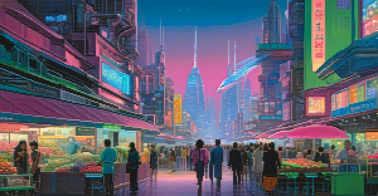 A vibrant futuristic city skyline at night with neon lights and flying vehicles.