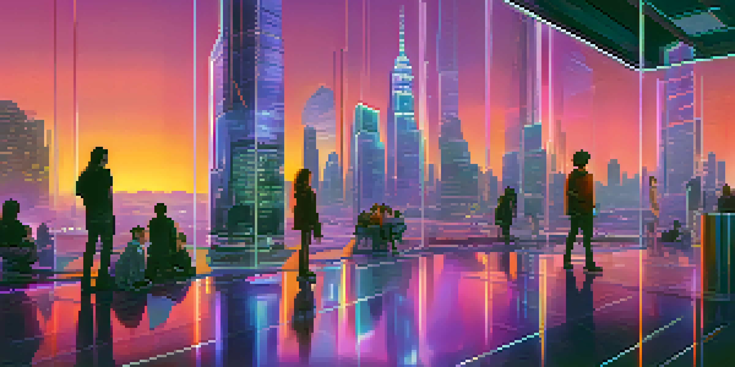 A futuristic city with neon lights and diverse people using holographic displays at dusk.