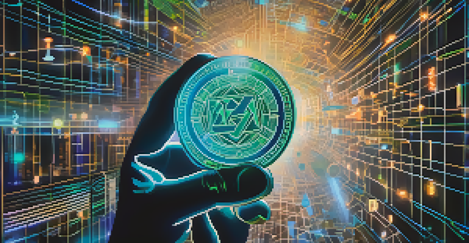 A close-up of a hand holding a glowing governance token, with abstract charts and blockchain elements in the background.