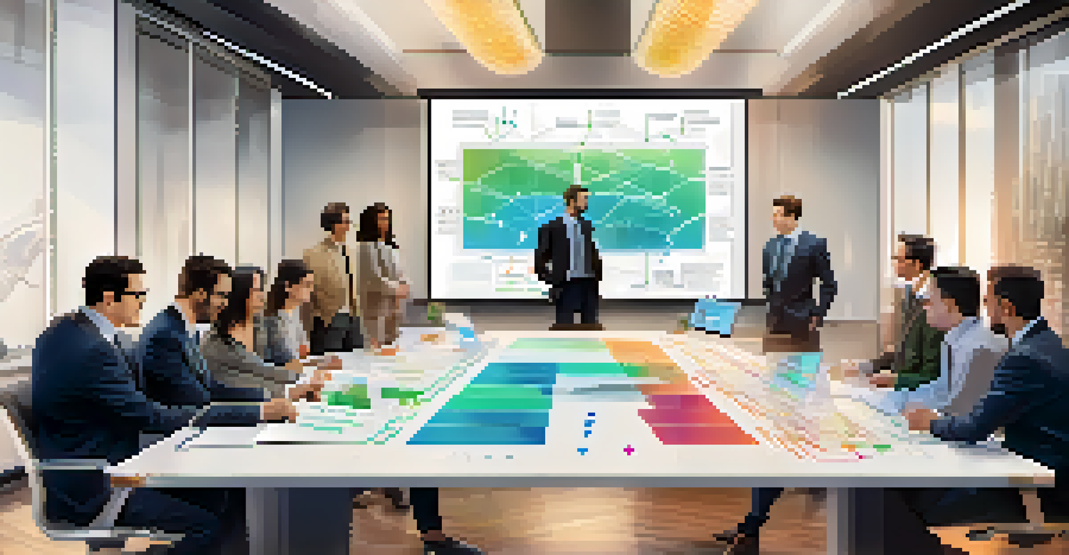 A diverse team of individuals collaborating in a bright conference room, discussing blockchain concepts and analyzing charts together.