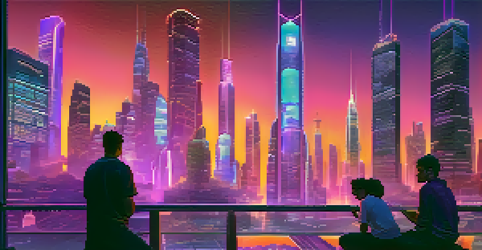A colorful virtual city with neon lights, diverse avatars, and a sunset sky.