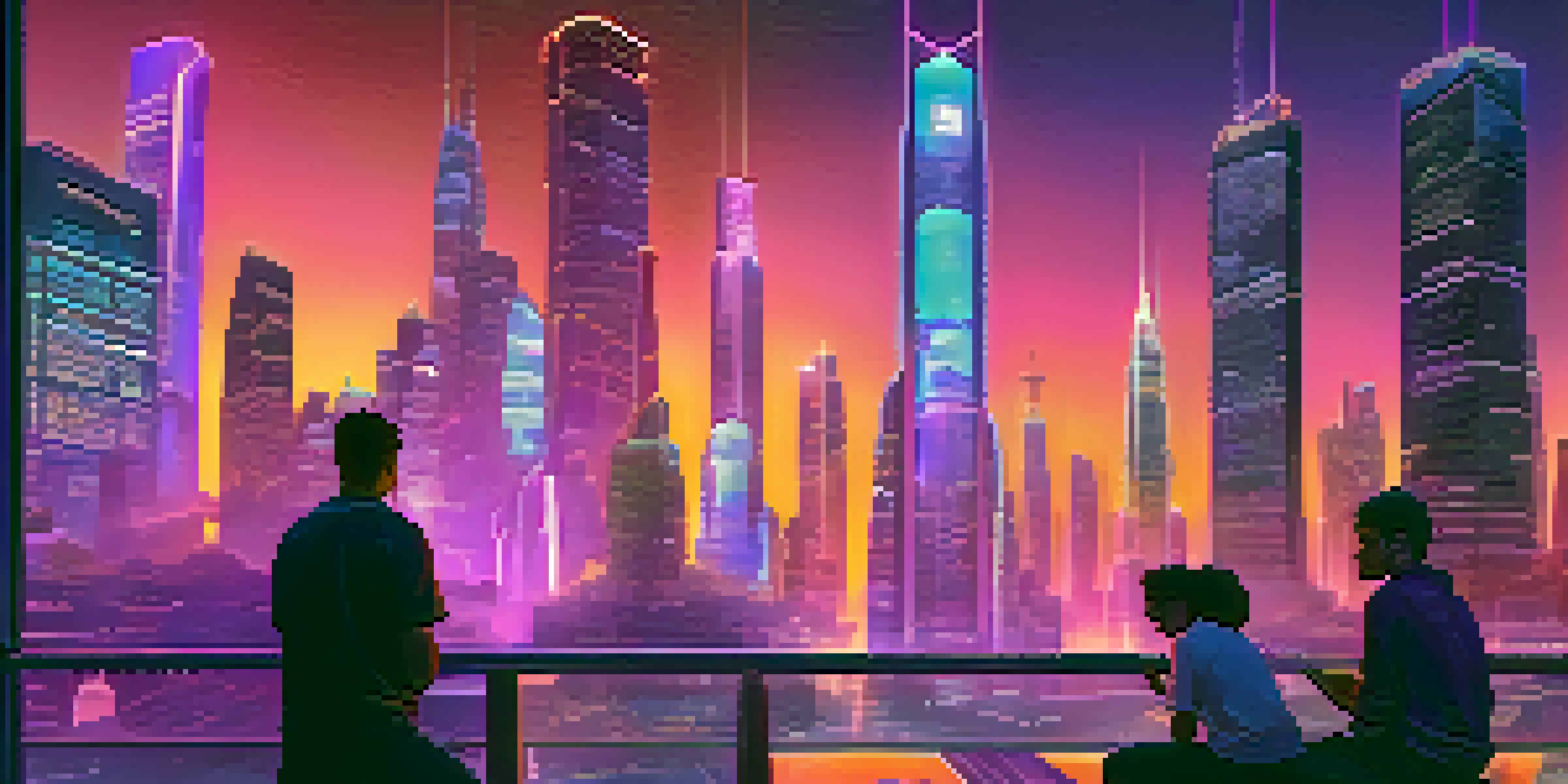 A colorful virtual city with neon lights, diverse avatars, and a sunset sky.