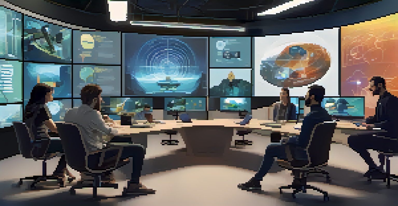 A modern meeting space with creators discussing their projects through video conferencing.
