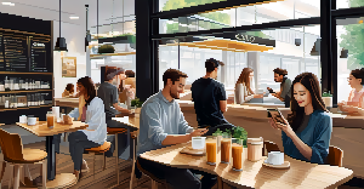 A busy café with customers using smartphones to place orders, featuring a bright and welcoming interior design.