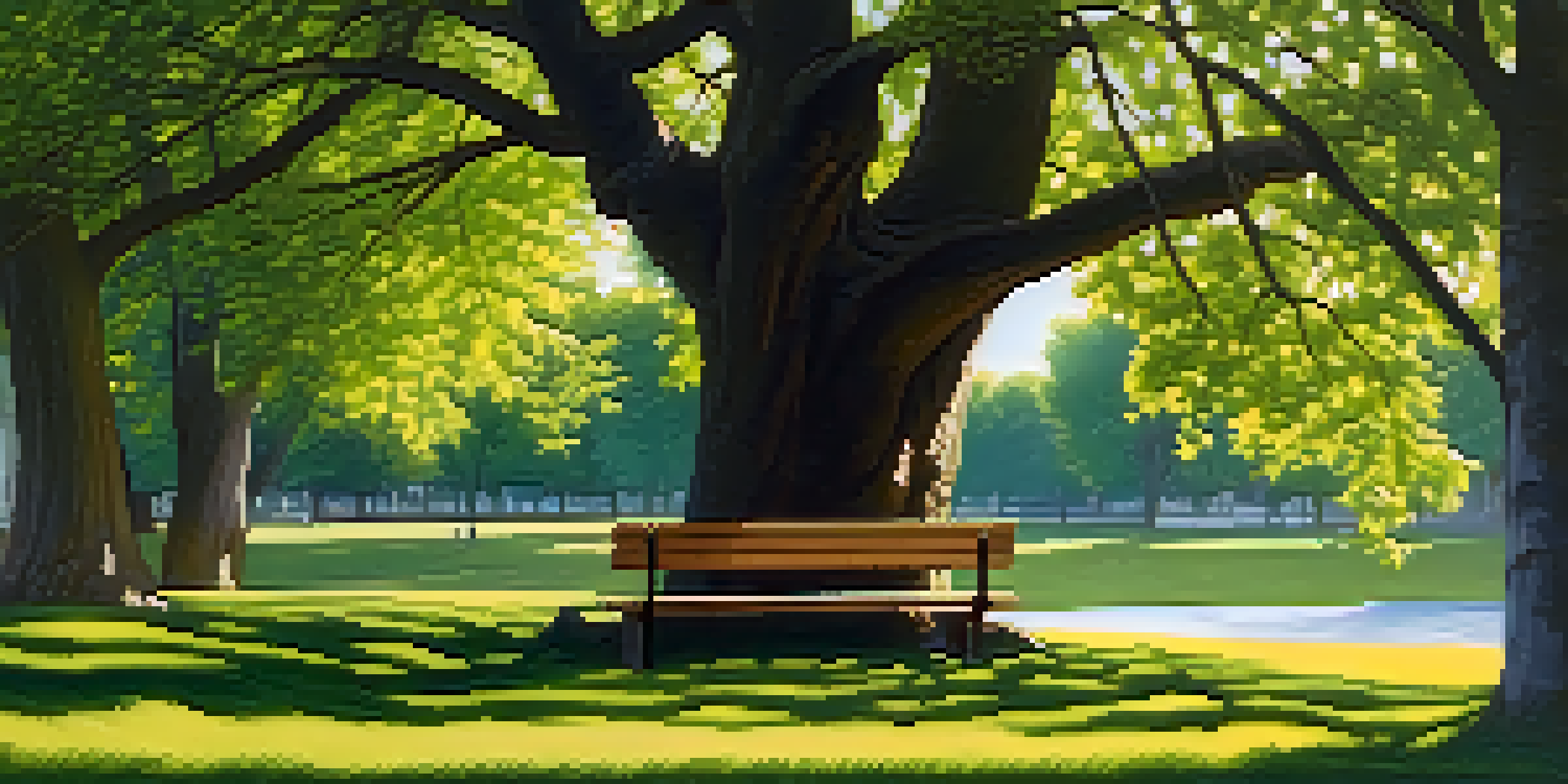 A tranquil park with a large tree and a wooden bench, bathed in sunlight.