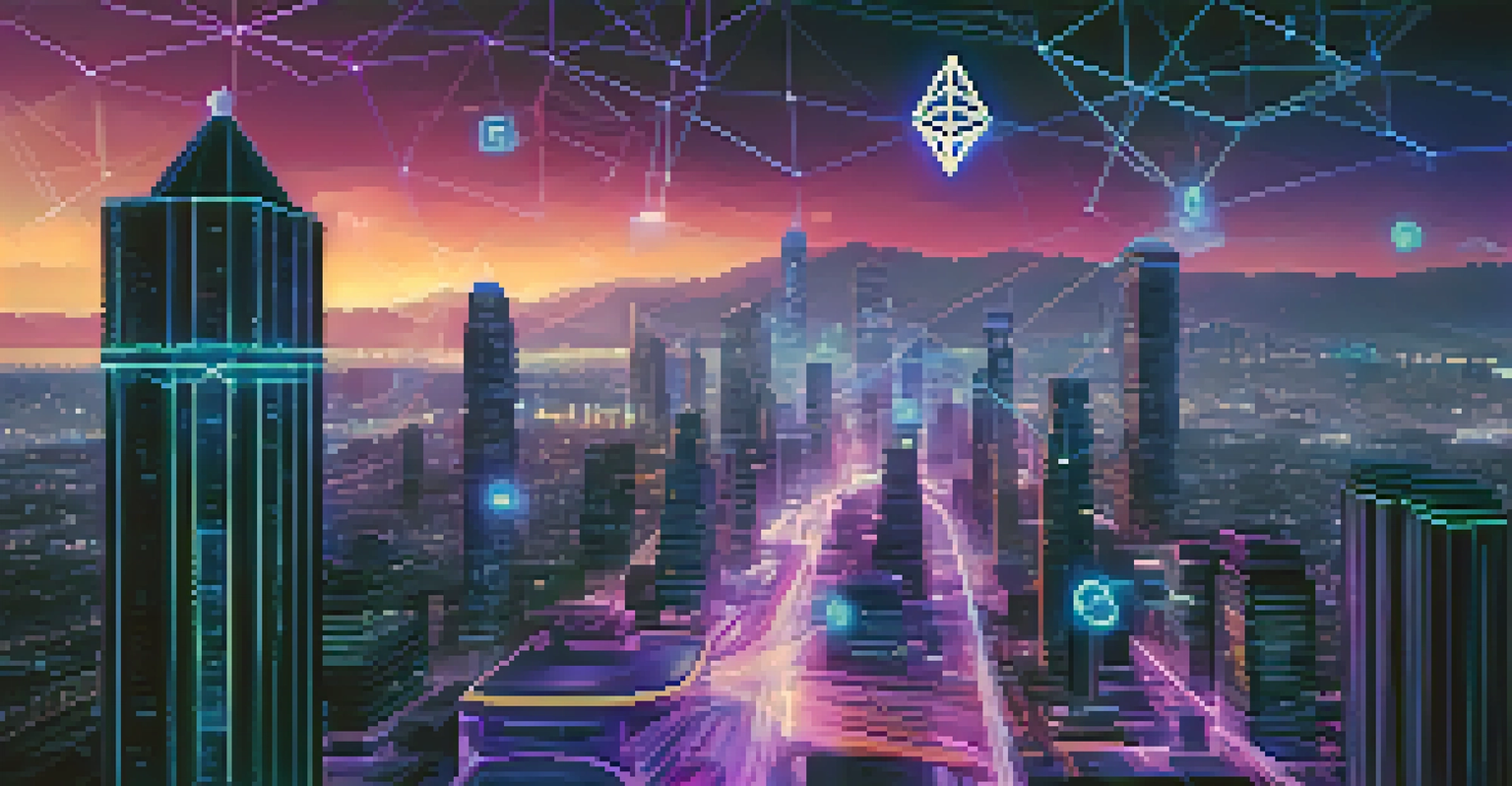 A futuristic cityscape representing the Ethereum blockchain, with glowing nodes and vibrant connections, illustrating the concept of smart contracts in digital ownership.