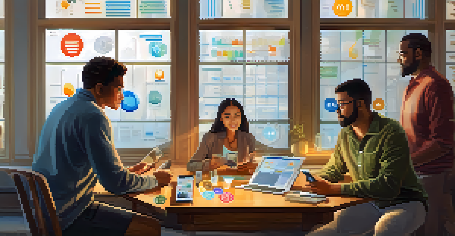 A diverse group of people discussing digital currencies at a table with digital devices displaying data.
